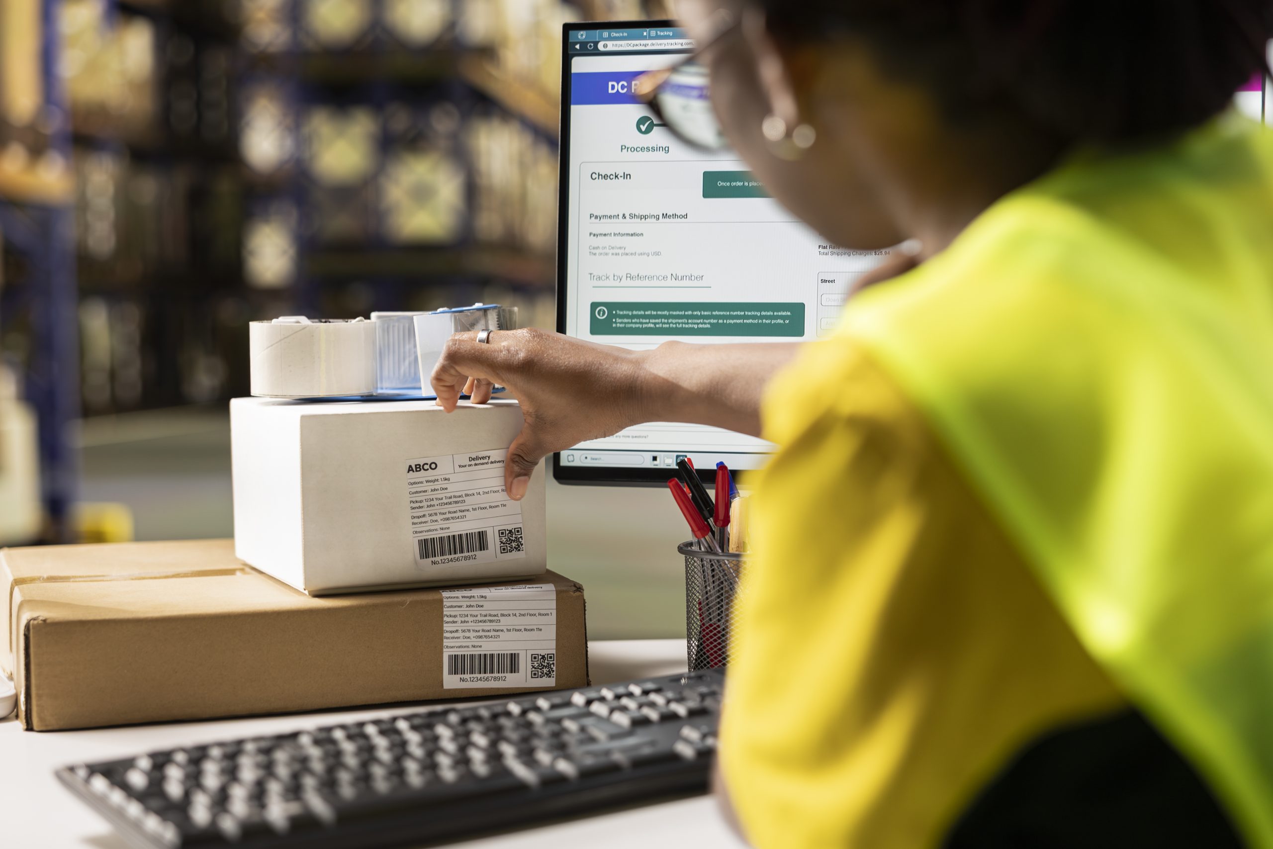 Warehouse worker in a high-visibility vest checks shipment tracking on a computer while handling labeled parcels on a desk